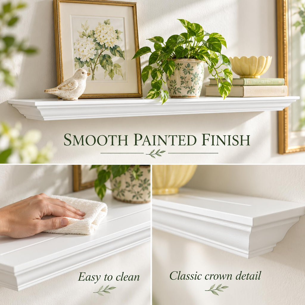 36" White Floating Shelf, Solid Pine Crown Molding Mantel Shelf