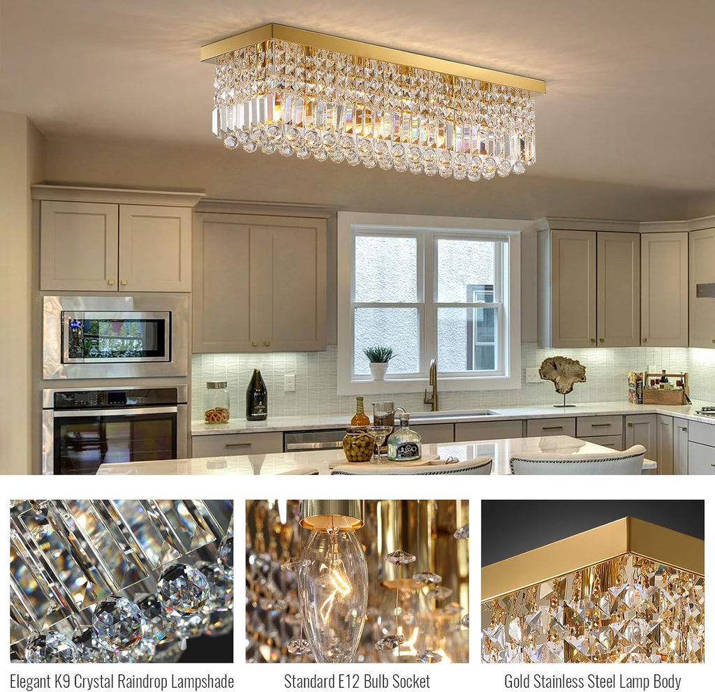 6-Light Modern Crystal Chandelier, Gold Rectangular K9 Crystal Raindrop Chandelier Flush Mount Ceiling Light Fixture