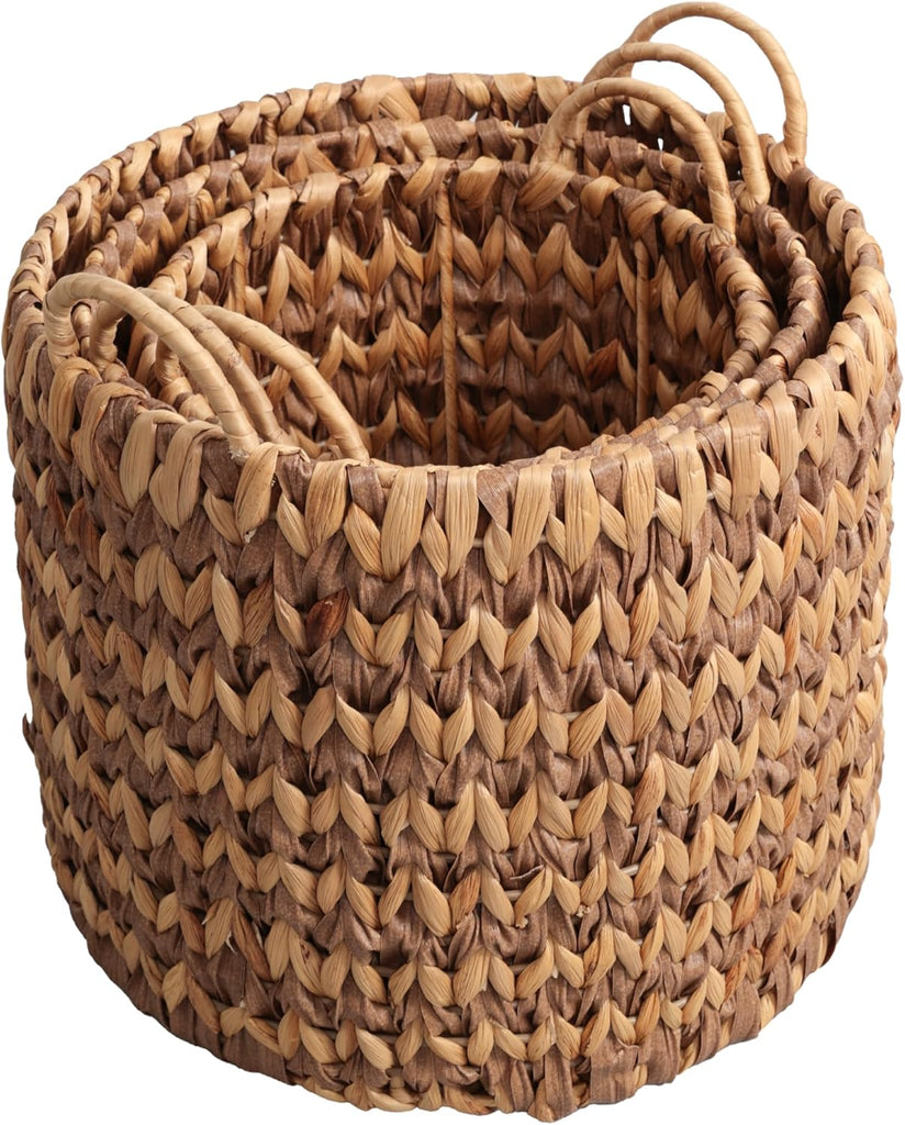 Cassia 3-Piece Handwoven Hyacinth Nesting Baskets, Brown/Natural | Two-Tone Style, Integrated Round Handles, Durable