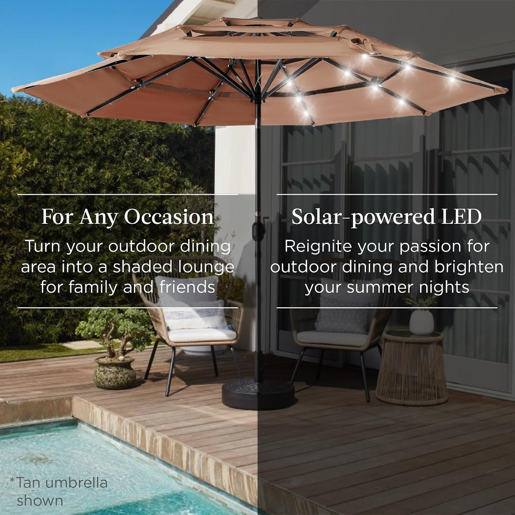 10ft 3-Tier Solar Patio Umbrella, Outdoor Market Sun Shade w/ 24 LED Lights, Tilt Adjustment, Easy Crank, 8 Ribs - Black