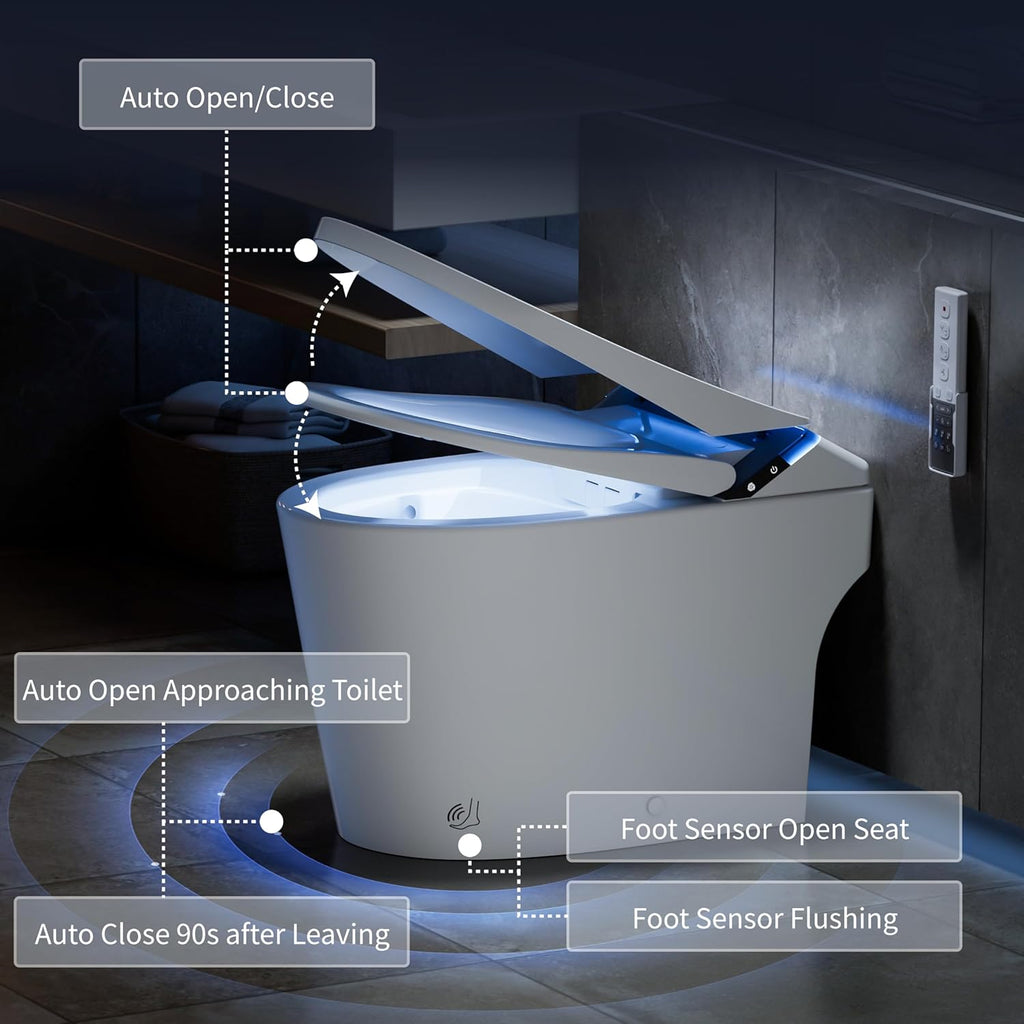 Smart Toilet with Built-In Bidet, Powerful Flush, Foam System, ADA Comfort Height, Auto Open and Close, Auto Flush, Heated Seat, Warm Water, Deodorizer