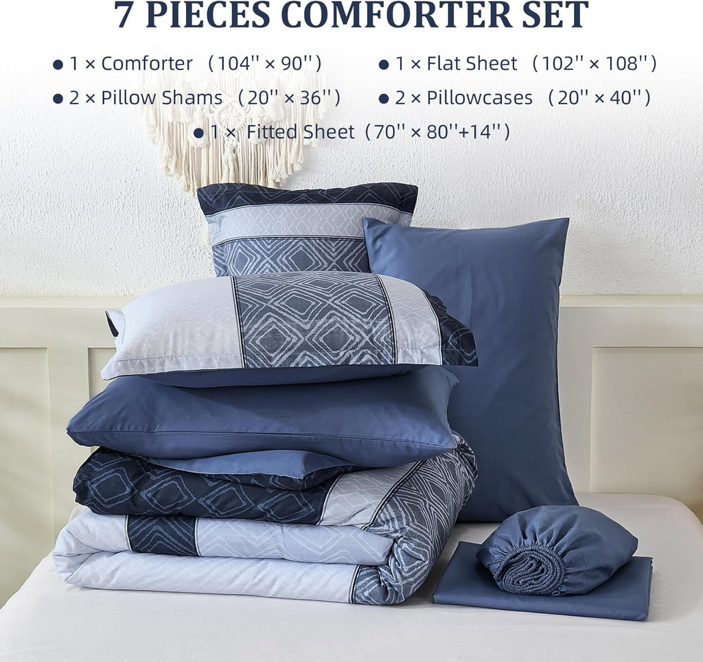 Blue Comforter Set,Striped Boho Bed in a Bag 7 Pieces Soft Fall Bedding Comforters Microfiber Mineral