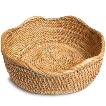 Handmade Rattan Bread Baskets Round Wicker Fruit Serving Storage Bowls, Natural Woven Decorative Kitchen Counter