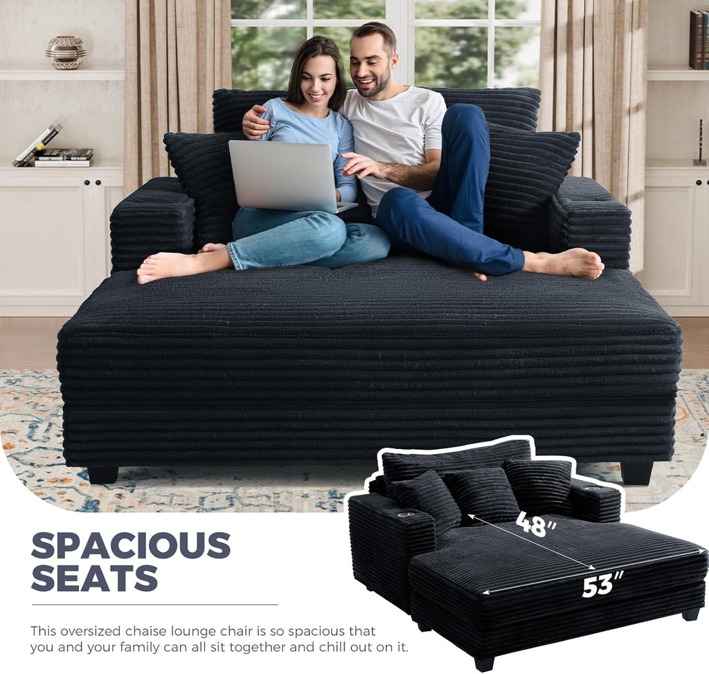 60" Chaise Lounge Chair Indoor, Wood Frame, Black | Oversized Sofa Bed, USB Port and 2 Cup Holders, Comfy Plush Faux