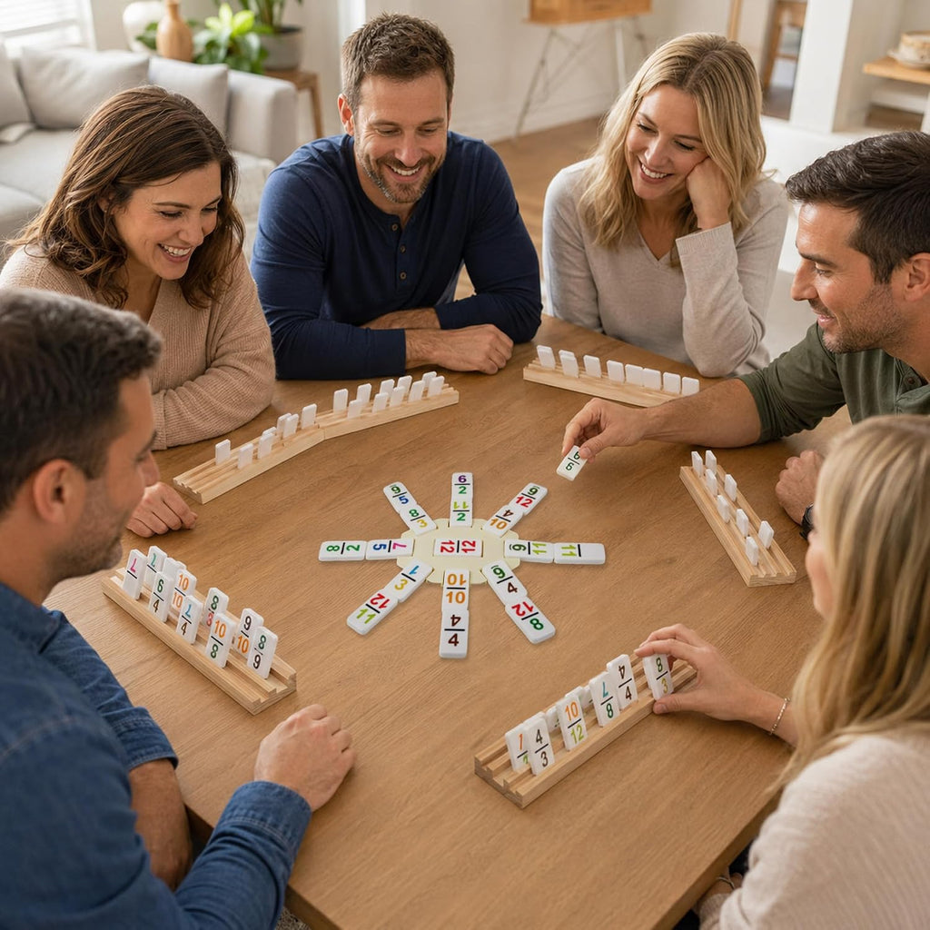Mexican Train Dominoes Double 12, 91 Numbered Tiles, 8 Racks & Hub - Set of 101