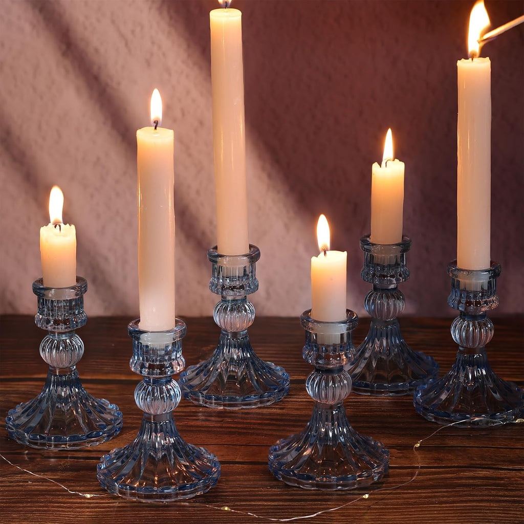 12PCS Blue Candlestick Holders Set- 4" H Taper Candle Holders, Glass Candle Holders Bulk for Wedding, Party, Home