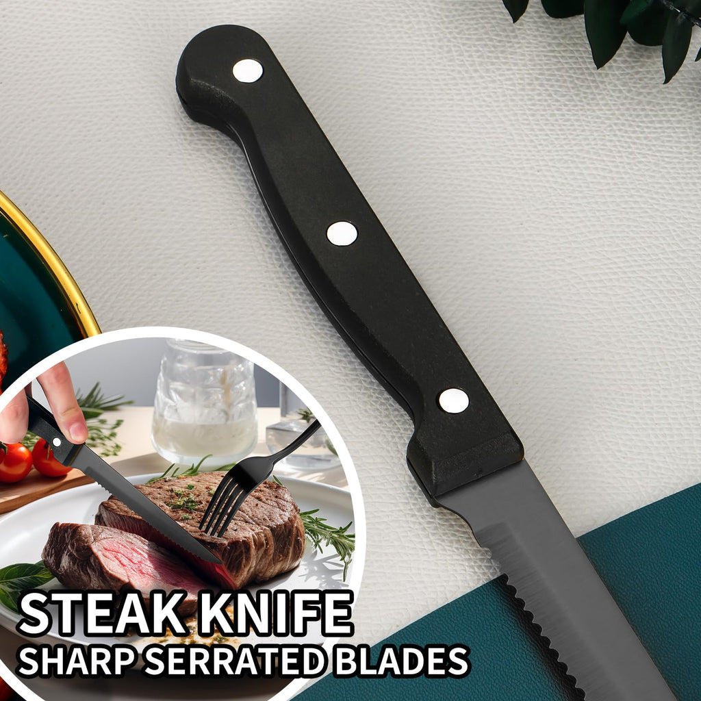 Black Silverware Set for 8 with Steak Knives, Stainless Steel Flatware Set, 18/8 Food Grade Cutlery Set
