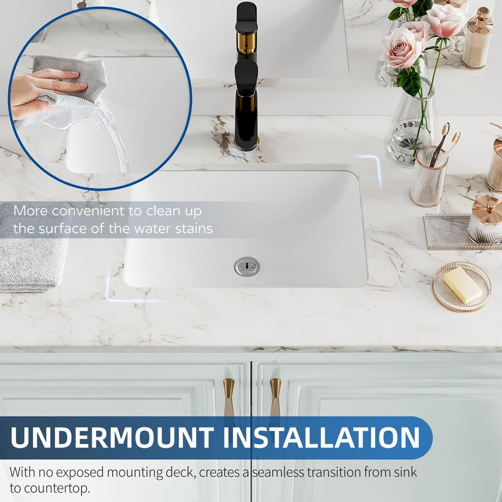 Undermount Bathroom Sink Rectangle Interior Bowl Size 16 x 11 inch White Porcelain Ceramic Vessel Sink Under Counter Exterior Size 18x13in
