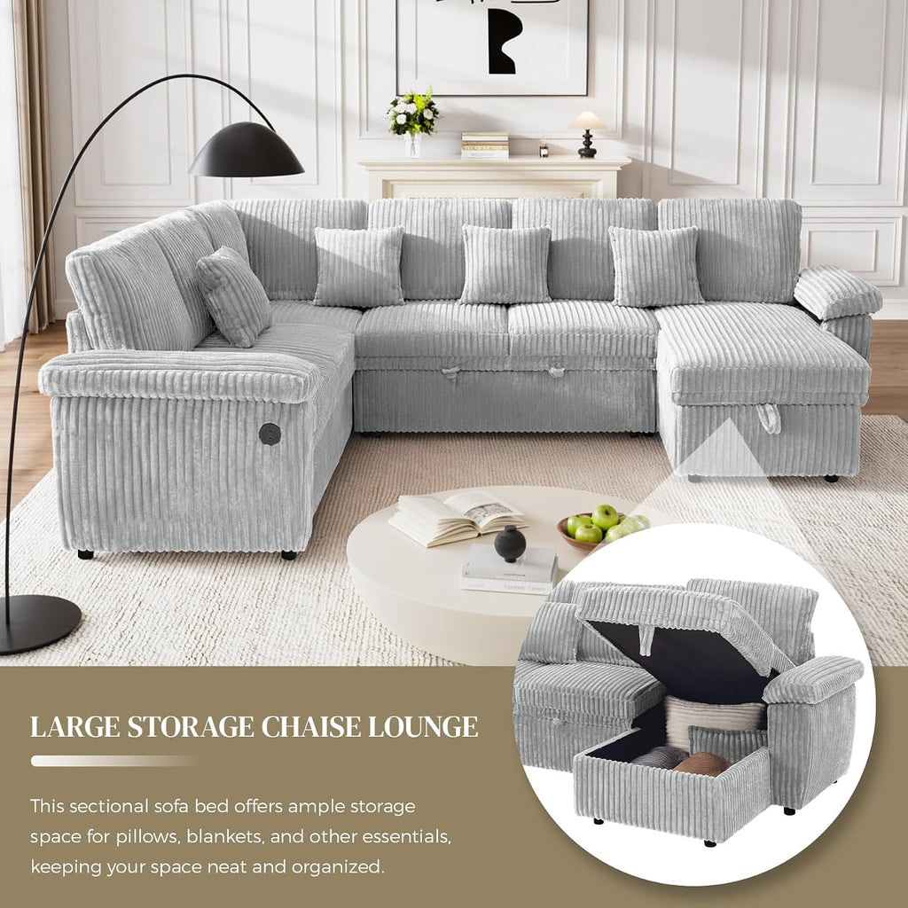 110" Sectional Sleeper Sofa with Pull Out Bed, Storage Chaise & USB Charging, U Shaped Plush Corduroy Comfy Sectional