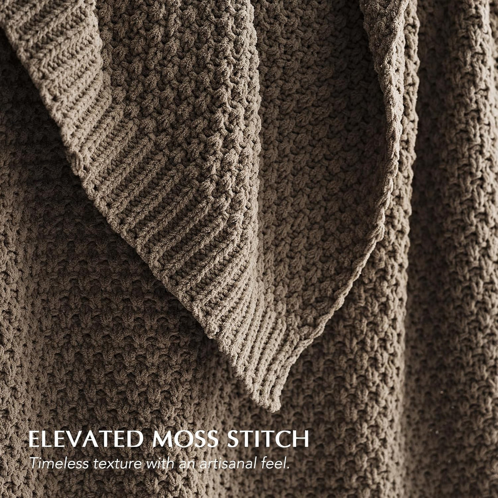 Chunky Chenille Knit Throw Blanket, Soft Luxurious Moss Stitch Blankets, Cozy Decorative Farmhouse Knitted Throws
