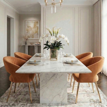 Orange Velvet Dining Chairs Set of 4, Modern Gold Legs Dining Room Chairs with Hollow Back, Upholstered Accent