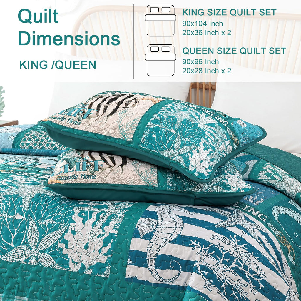 Beach Quilt Set 3 Piece, Summer Coastal Bedspread Coverlet Lightweight Green Ocean Theme Plaid Patchwork