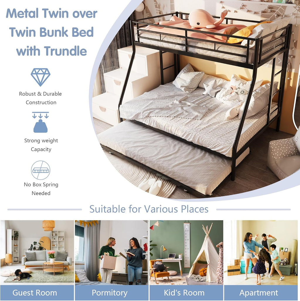 Metal Bunk Beds with Double Secured Ladders, Twin Over Full Bunk Bed with Surrounded Safety Guardrails