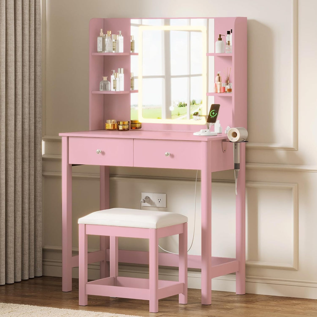 Vanity Desk with LED Mirror, 3 Lighting Modes and Chair | Small Makeup Vanity Table Set with Drawers, Dressing Table