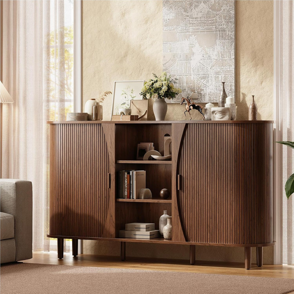 59" Curved Buffet Cabinet with Storage, Sideboard Cabinet with Adjustable Shelves, Mid-Century Modern Buffet Cabinet