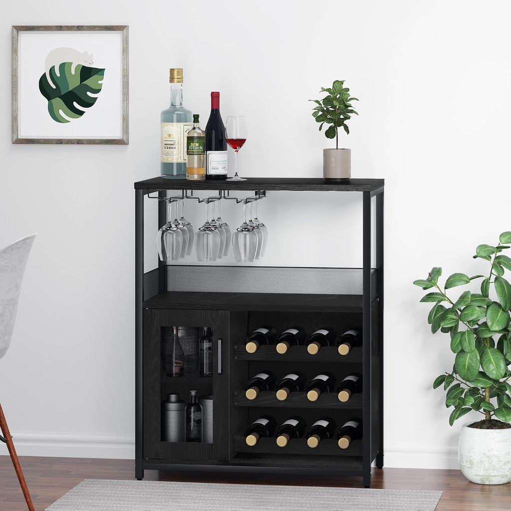 Wine Bar Cabinet, 3-Tier Removable wine rack cabinet glass holder, Mesh door adjustable shelf display cabinet bar
