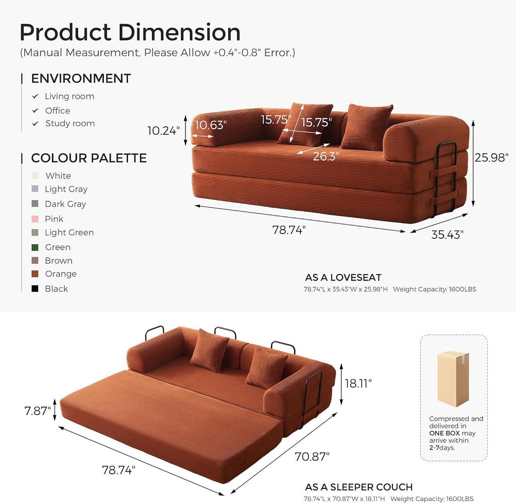 79" Convertible Futon Sofa Bed, Boneless Couch | Orange