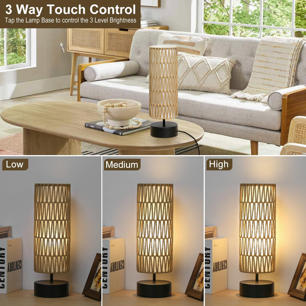 Rattan Table Lamp, Touch Control Bedside Table Lamp with Black Base, 3 Way Dimmable Nightstand Lamp with Dual-layer