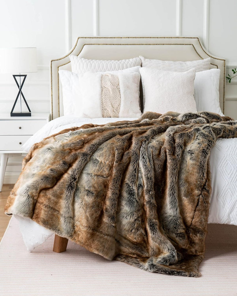 Luxury Brown Faux Fur Blanket Thick Warm Elegant Cozy Fuzzy Throw, 50"x60"