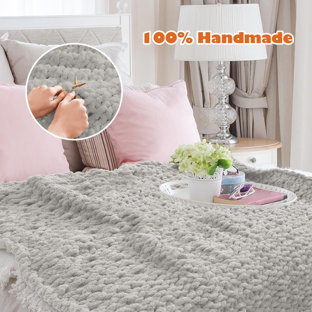 Chunky Knit Blanket Throw, 50x60inch Soft Chenille Yarn Throw, Handmade Warm Thick Cable Knit Crochet Blanket, Large