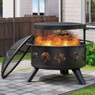 32 Inch Fire Pit with BBQ Grill & Mesh Cover, Wood Burning Fire Pits for Outside with Fire Poker