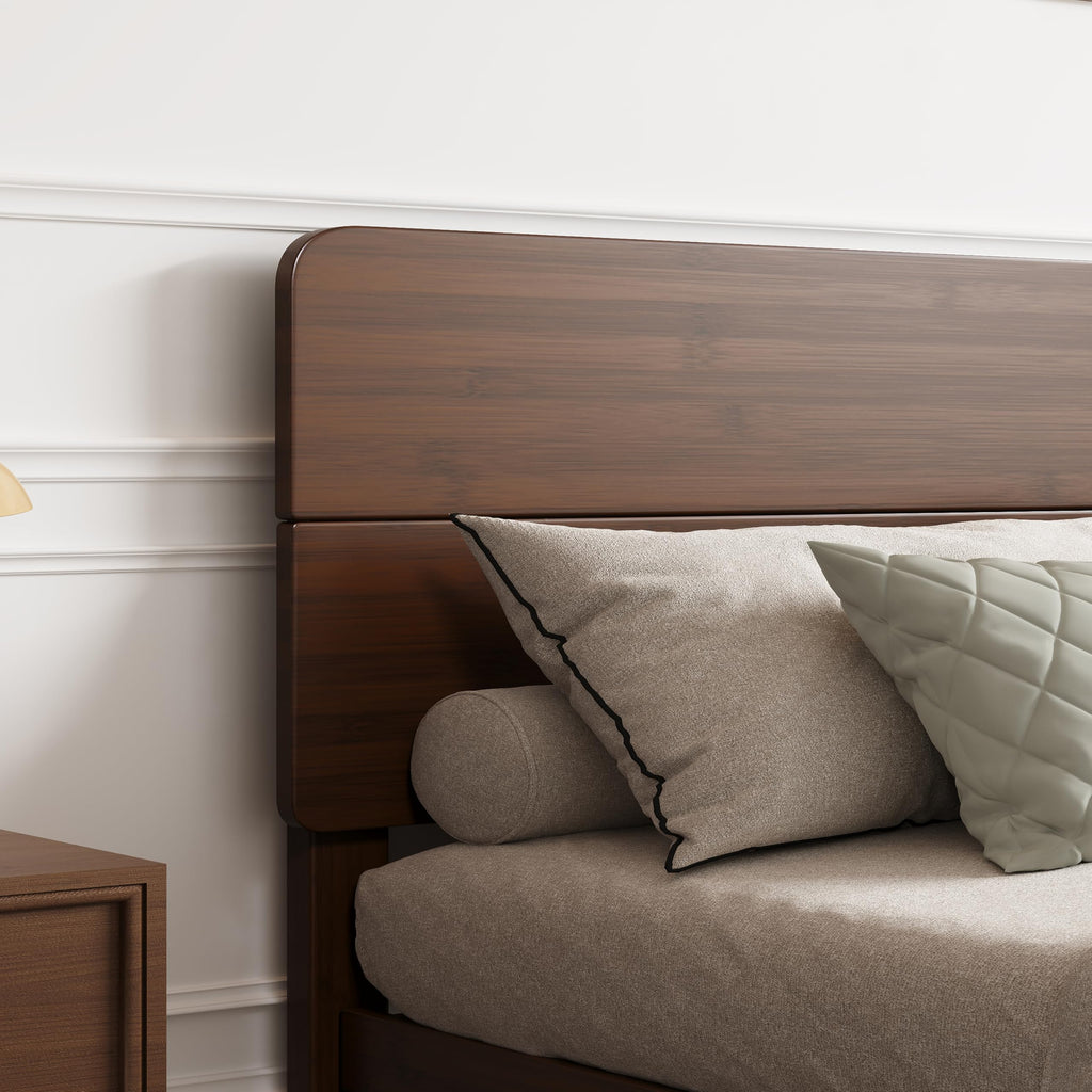 14" King Size Bamboo Wood Platform Bed Frame with Headboard, Walnut