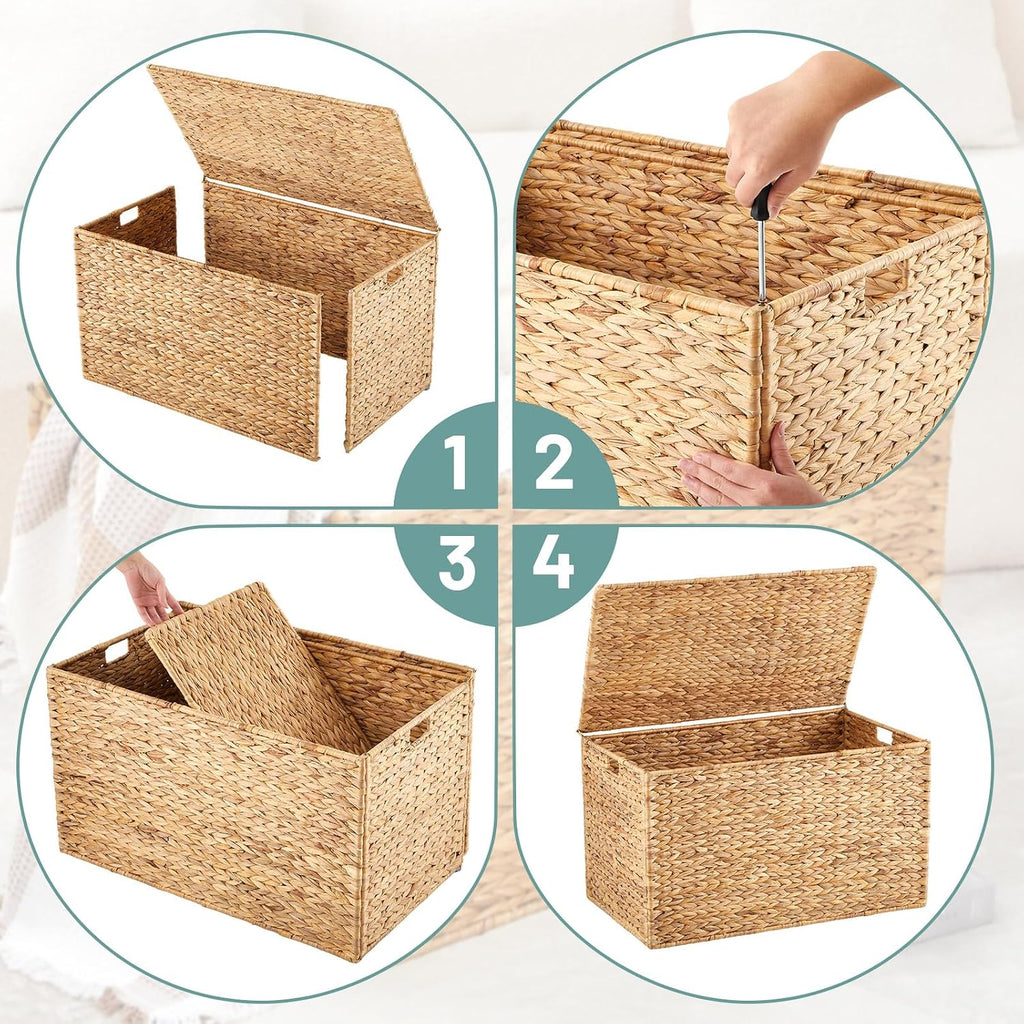 30 x 17.5 x 17.5 Inch Water Hyacinth Wicker Storage Trunk with Metal Frame, Heavy Duty Storage Chest with Lid Large