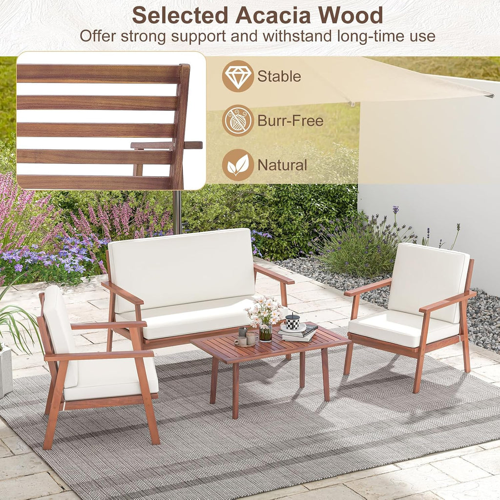 4 Piece Outdoor Conversation Set, Acacia Wood Sofa Set with Soft Seat & Back Cushions, Rectangle Coffee Table Patio