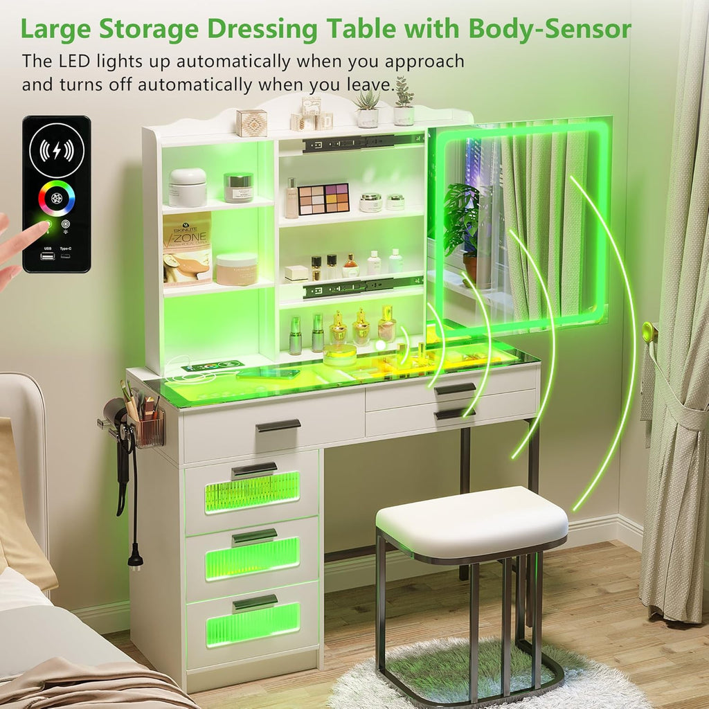 Vanity Desk with Sliding Mirror and Glass Desktop, LED Vanitys Mirror with RGB Lights Desk and Chair, Dressers Table