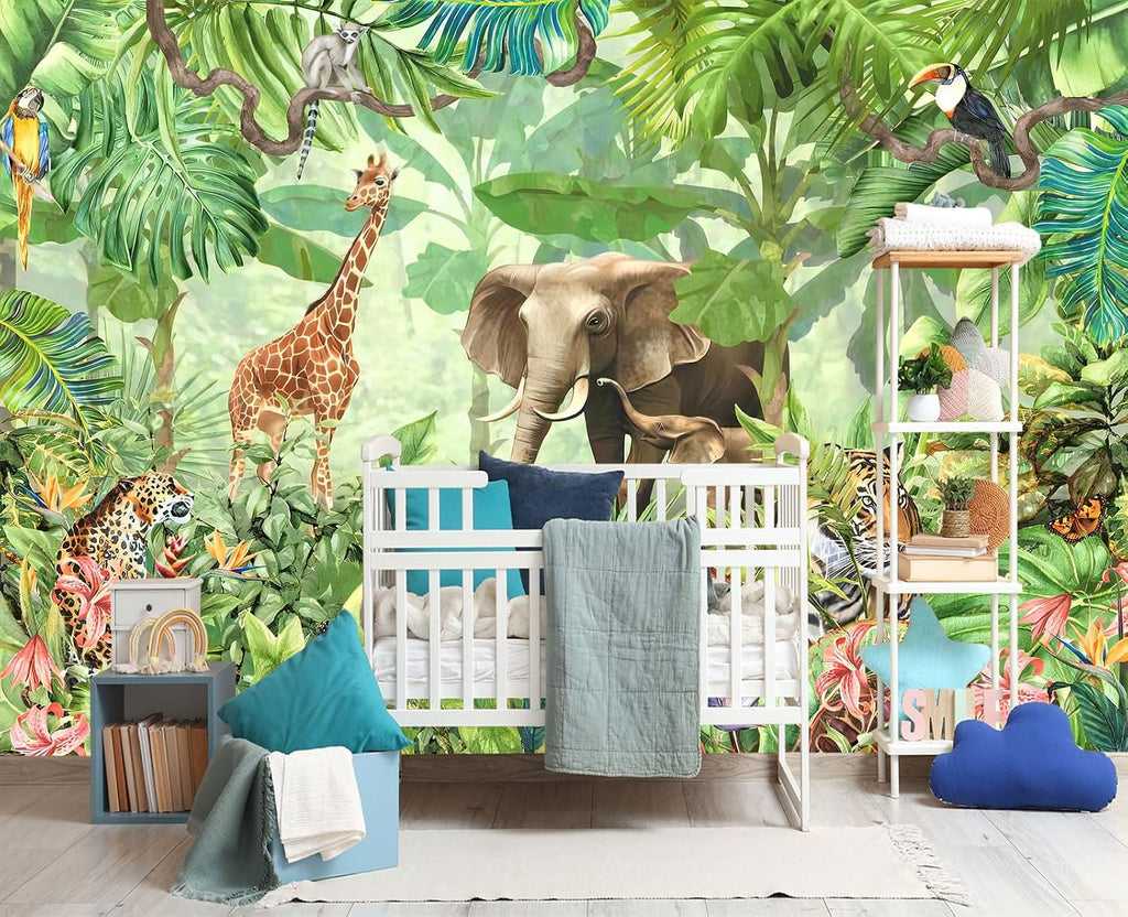Peel and Stick Animal Wallpaper Tropical Rainforest Zoo Theme Mural | Tear-resistant,with a substantial feel;Will not