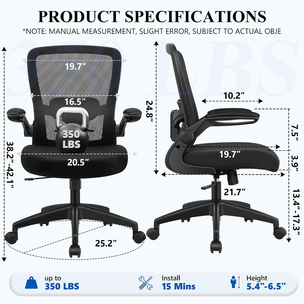Ergonomic Desk Chair Breathable Mesh Chairs Adjustable High Back Lumbar Support Flip-up Armrests, Executive Rolling