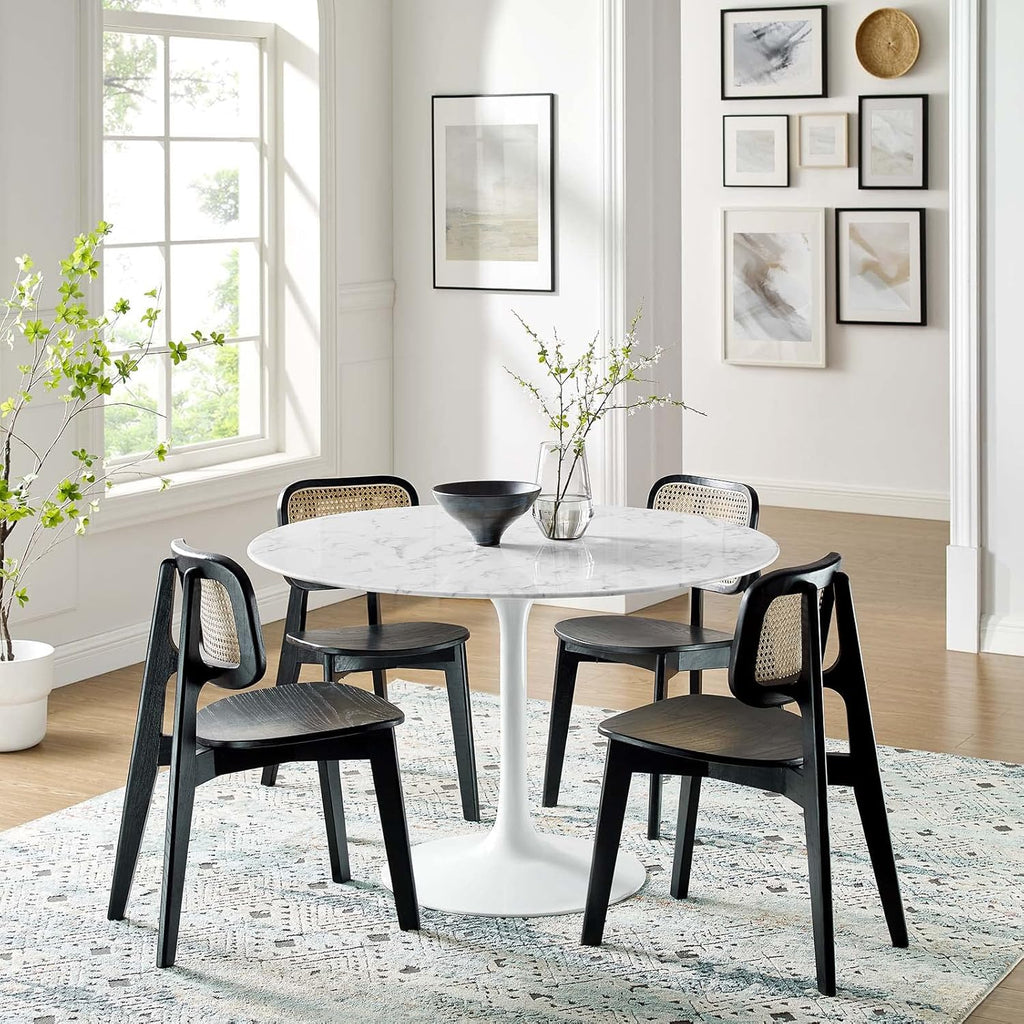 Inspired Saarinen Style Tulip Round Pedestal Dining Table — White Marble Top, 47″ Round