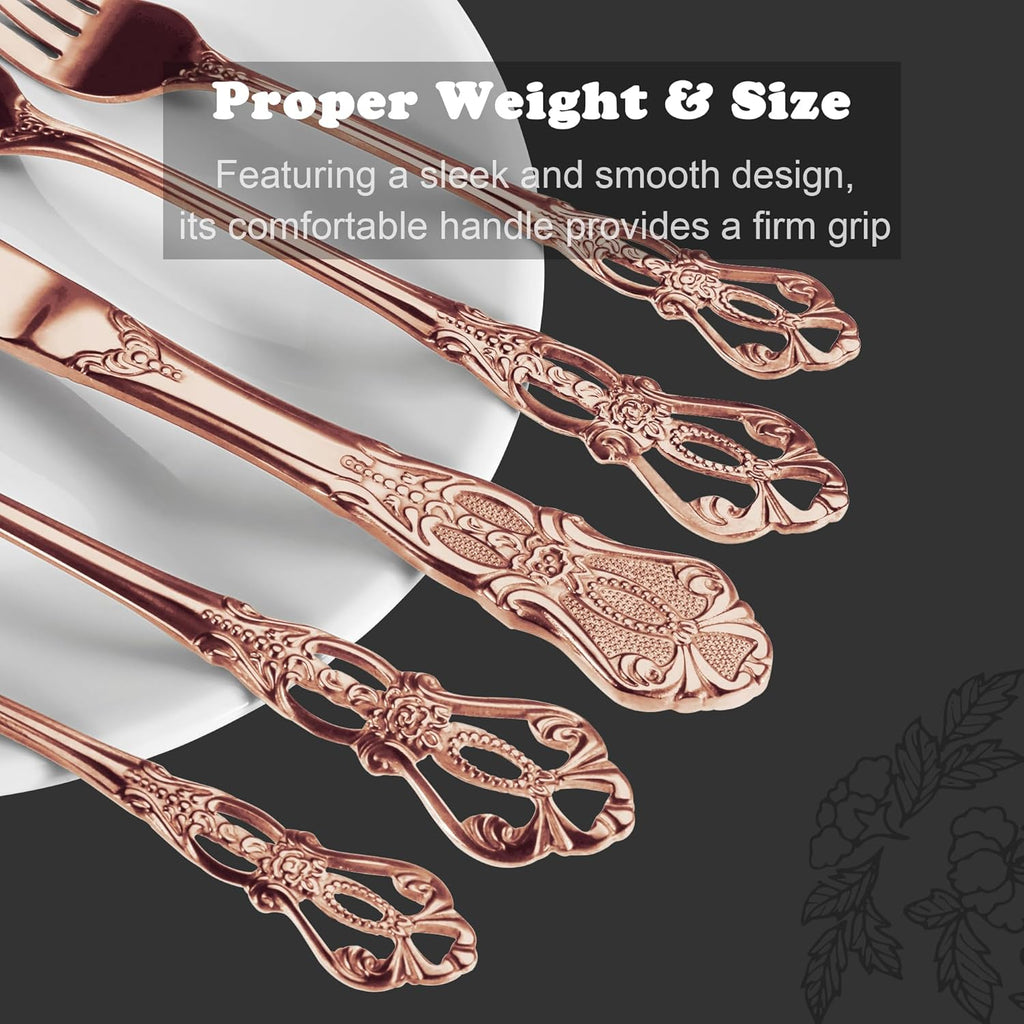 Retro Royal Rose Gold/Copper 48 Pieces Flatware Set, Gorgeous Silverware Set For 8