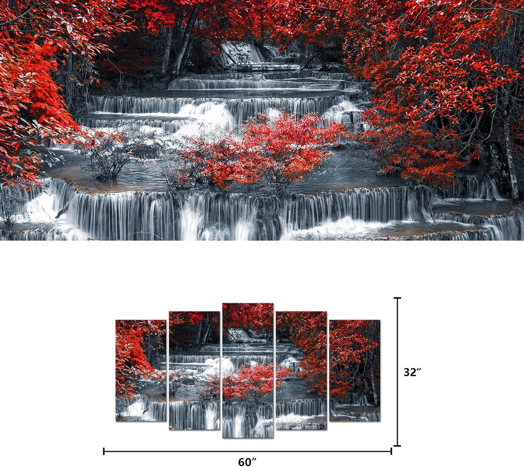 5 Pieces Large Black and Red Canvas Wall Art Waterfall Nature Landscape Picture Print, Living Room Office Decoration