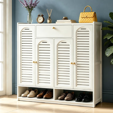Shoe Cabinet with Louvered Doors, 7-Tier Bamboo Shoe Storage Cabinet with Drawers, Thickened Adjustable Shelves, Shoe