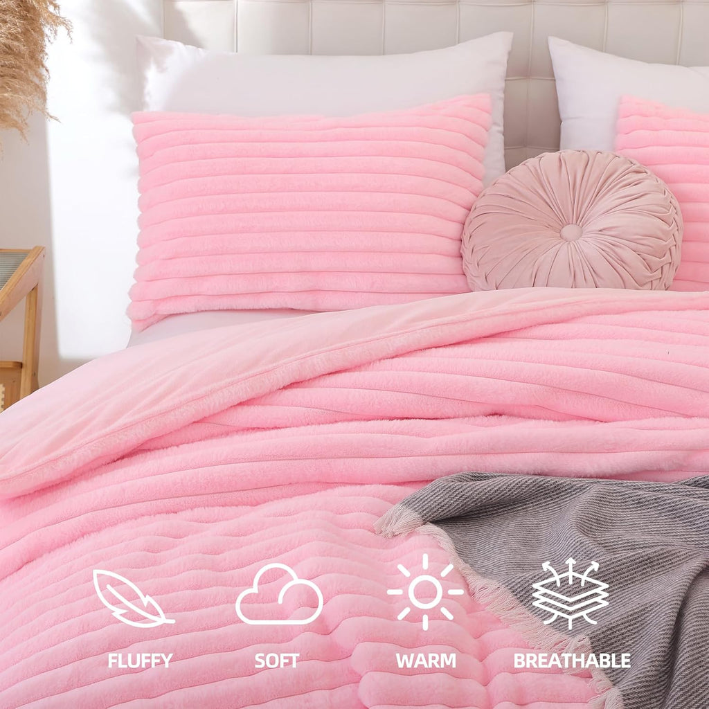 Fluffy Queen Comforter Set 3 Pieces - Pink Fleece Fluffy Comforter Set, Luxury Fuzzy Queen Bedding Set