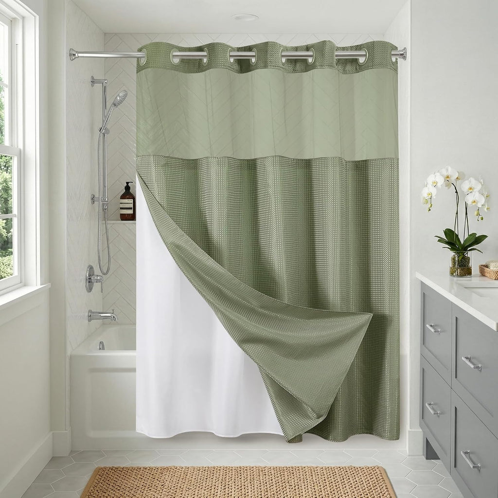 72x75 Hookless Waffle Pattern Shower Curtain - Water-Resistant Long Shower Curtain with Sheer Panel, Snap-in Liner