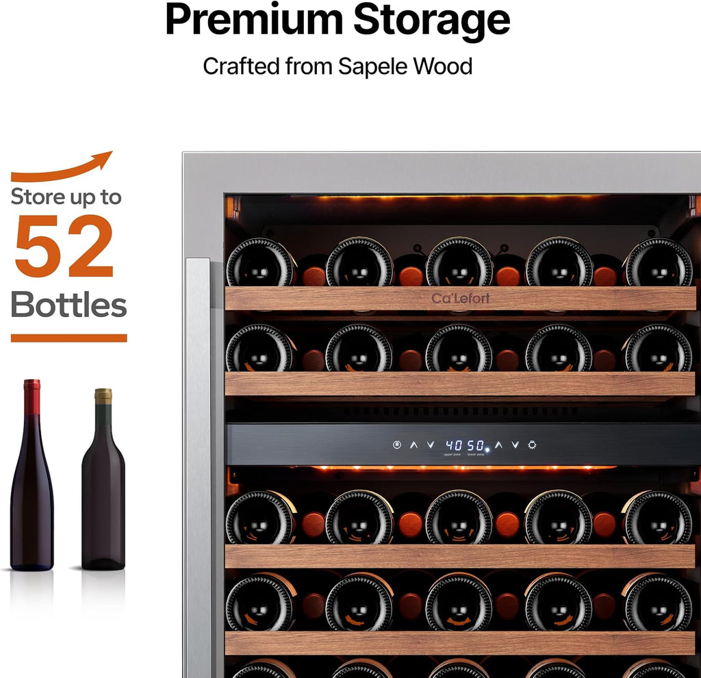 Wine Fridge & Cooler - 24 Inch 52 Bottle Wine Cooler Refrigerator, 40-65°F Dual Zone Wine Refrigerator Glass Door