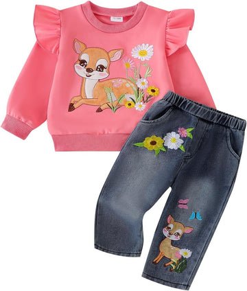 Toddler Clothes for Girls,2 Piece Animal Sweatshirt and Jeans