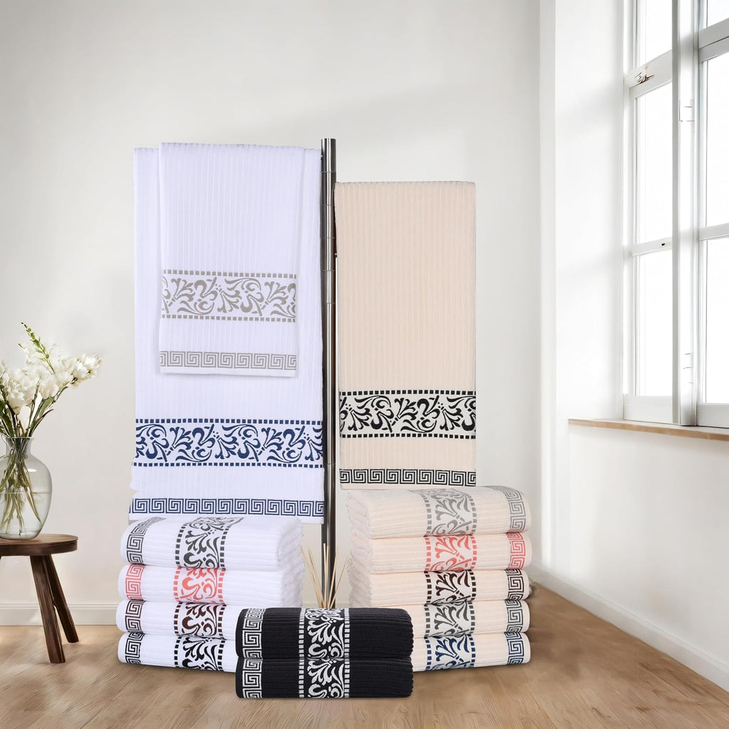 6-Piece Cotton Towel Set, Decorative Greek Pattern, Home Essentials, Absorbent Towels, Bathroom Decor, Spa, Resort