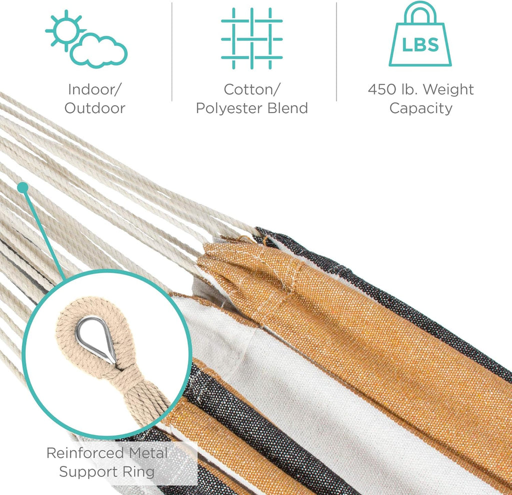 Double Hammock with Steel Stand, Indoor Outdoor Brazilian-Style Cotton Bed w/Carrying Bag, 2-Person Capacity - Desert