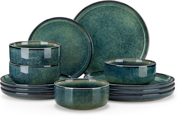 Starry 12 Pieces Dinnerware Sets for 4, Green Reactive Glaze Dishes Sets, Ceramic Plates and Bowls Set