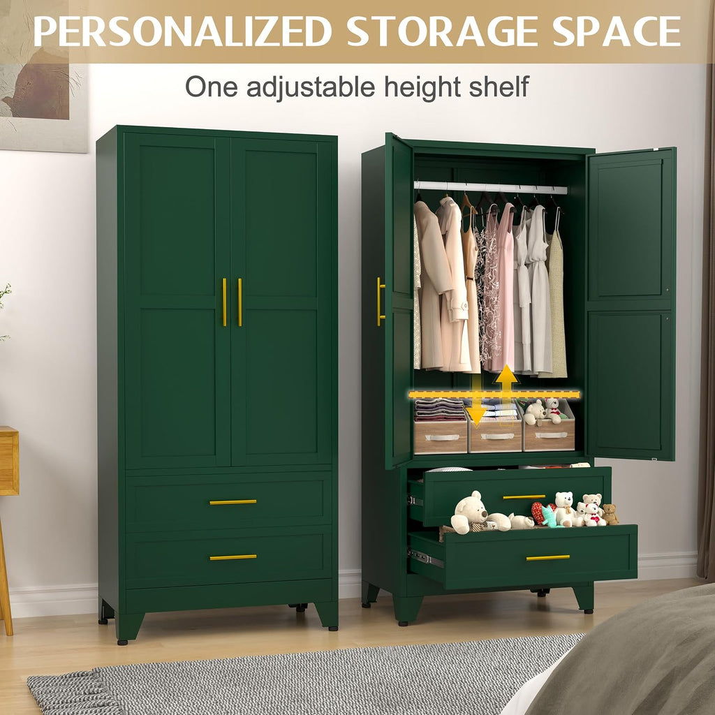 71" Wardrobe Cabinet with 2 Doors, 1 Adjustable Shelf and 2 Drawers | Metal Clothing Storage Cabinets with Hanging