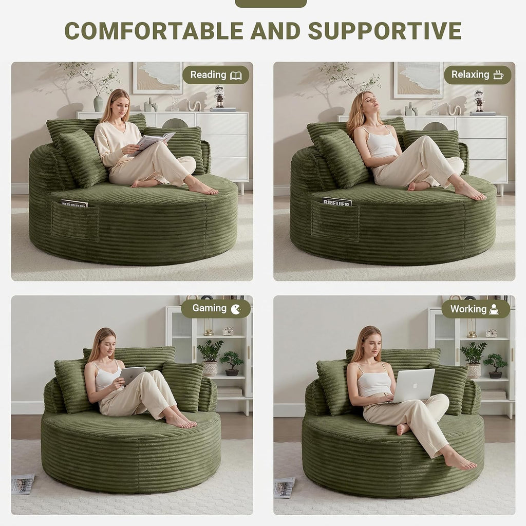 Oversized Round Lounge Chair Indoor, Corduroy Upholstered Deep Seat Cloud Circle Sofa Chair, Fluffy Boneless Sleeper