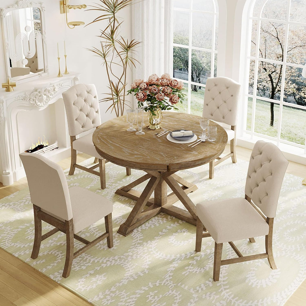 Extendable Round Dining Table for 4-8, Farmhouse 42"-54'' Expandable Kitchen Table with Removable Leaf and Pedestal