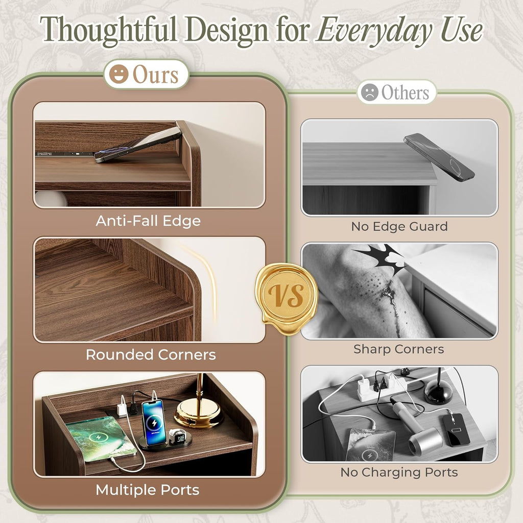 Nightstand with Charging Station, USB-C Port, Fluted Night Stand Set of 2, Bed Side Table with Drawer, Solid Wood