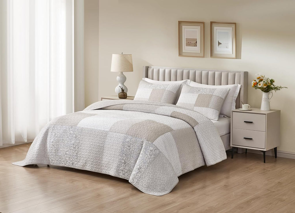 Quinn 2-Piece Neutral Taupe Gray White Floral Hibiscus Flower Candy Stripe Patchwork Quilt Set - Pre-Washed Cotton