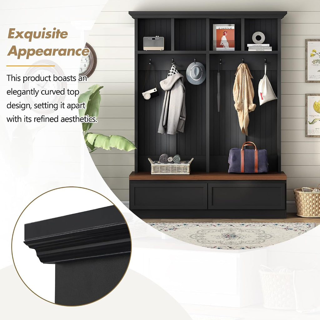 Farmhouse Entryway Hall Tree with Bench, Mudroom Coat Rack with 2 Large Drawer and Open Shelf, 4-in-1 Hallyway Shoe
