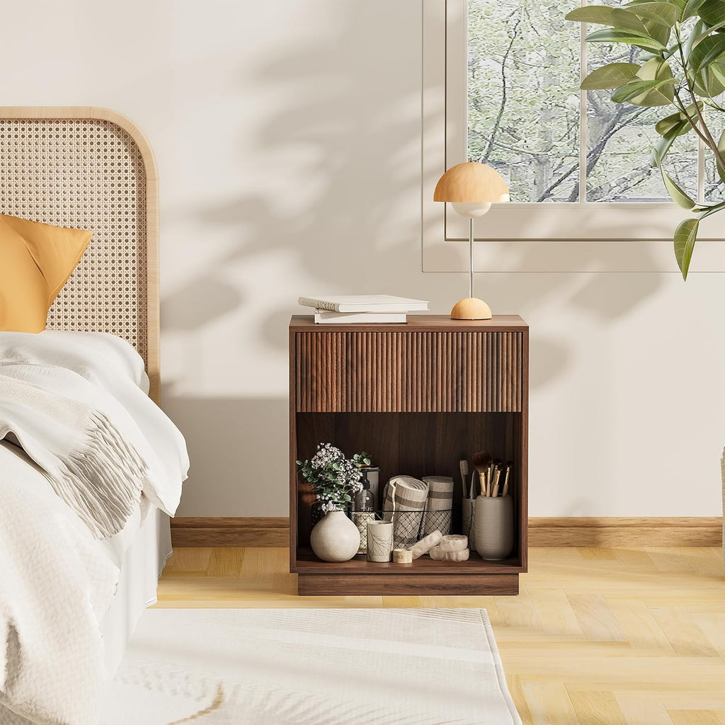 Fluted Nightstands Set of 2, Modern Bedside Table with Storage Drawer and Open Wood Shelf, Wood End Table Mid Century