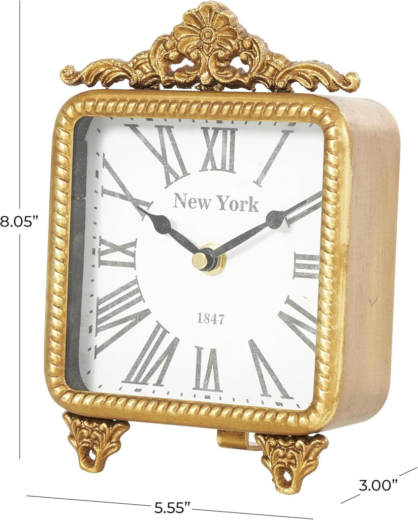 Deco 79 Metal Scroll Decorative Clock Antique Style Mantel Clock, Tabletop Clock 6" x 3" x 8", Gold